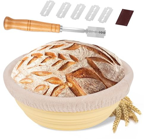 Gärkorb Set, 23cm Silikon Rund Gärkörbchen für Brot mit Bäckermesser, Faltbarer, Leicht zu Reinigen und Aufzubewahren, Geeignet für Profibäcker und den Hausgebrauch