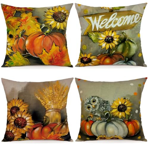 ZWJD Kissenbezug Herbst 50x50 4er Set Herbst Dekoration Kissenhülle Herbst Deko Leinen Kissenhüllen Ahornblätter Kürbis Kissen für DekoSofa Home Garten Schlafzimmer Dekokissen Kissenbezüge 50x50 cm
