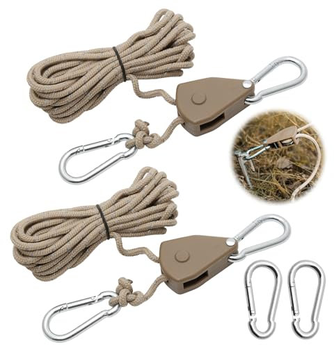 2 Pièces Corde à Cliquet Réglable 4M, Poulie à Cliquet Kaki 1/8 avec 2 Replacement Crochets, Tendeur de Corde à Cliquet Réfléchissante pour Lampe Plantes Tente Randonnée