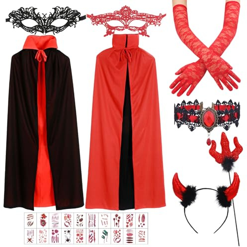 Teufel Kostüm Damen, Halloween Vampir Umhang Set, Halloween Kostüm Damen Teufel, Wendbar Schwarz Rot, Vampir Kostüm Damen, Halloween Kostüm Damen Mädchen Junge für Mottoparty Cosplay Karneval Party