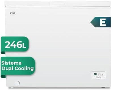 Svan Congelador horizontal Blanco SCH2501EDC. Capacidad 246 Litros, Dual Cooling, 1 Cesta, Bajo nivel Sonoro, Eficiencia Energética Clase E [Clase de eficiencia energética E]