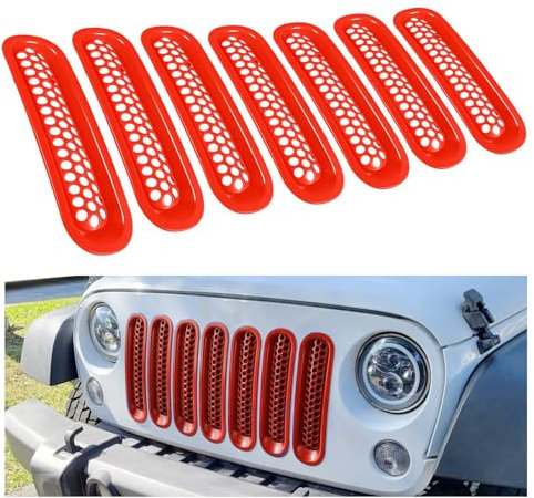 ontto Inserti per griglia adatti per Jeep Wrangler JK 2007-2017, inserti per griglia a nido d'ape adatti per Jeep Wrangler JKU 2007-2017, 7 pezzi, rosso