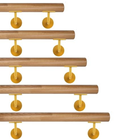 TIBU Eiche keilgezinkt Holz Handlauf Geländer 0,3m - 6m, Länge 130 cm und 2 Edelstahl Halter Messing Gold