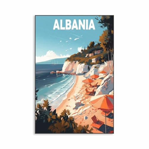 Albanien Reiseposter, Vintage, Modern, Albanien, Strandszene, Druck, Natur, Bulgarien, Strandlandschaft, Leinwandbild, Wandkunst, Dekor, A1 50X70Cm Kein Rahmen