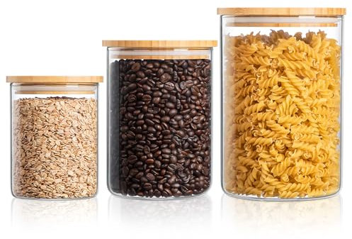 Amisglass Glass Storage Containers with Wooden Lids,Airtight Canister for Kitchen Countertop Set of 3,Glass Jars Store Sugar Sugar,Tide Pods,Dry-Goods,Noodles,Herbs and Spices