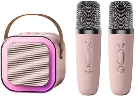 Karaoke Machines for Kids Adults, Mini Karaoke Machine with 2 Wireless Microphones, Portable Bluetooth Speaker with Voice Changing Effects & LED Lights for Boys and Girls (pink)
