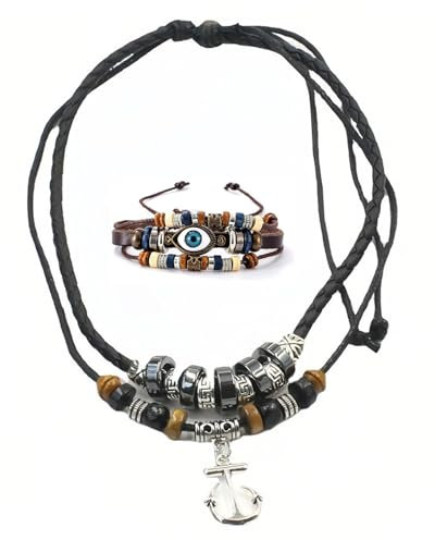 TOZBLEU Boho Schmuck Set - 2 pcs Kette Anker-Halskette Lederkette Indianer Schmuck Böhmischer Langer Vintage Hippie Halsreif Kette Baumelnde Perlen Schmuckset Der Lederkette Für Frauen