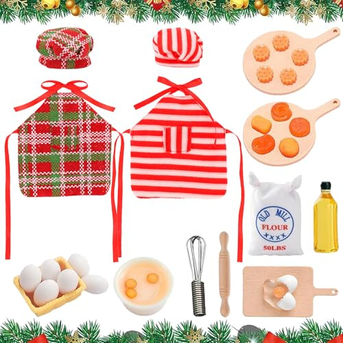 Wichtel Zubehör Weihnachten,30 Stück Miniatur Wichtel Zubehör Backen Set,Miniatur Küche Puppenhaus Zubehör,Kleidung Kleider für Elf,für Puppenhaus Dekoration