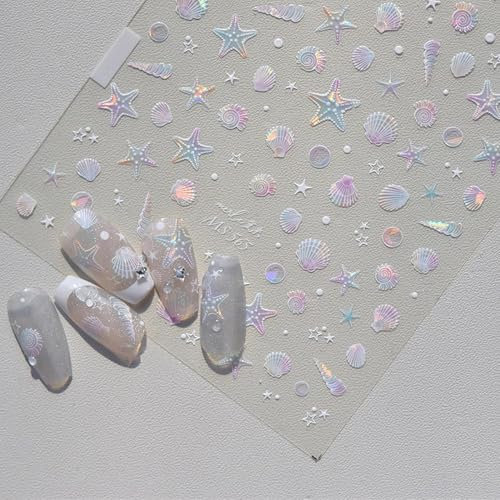 3D Nagelaufkleber, Meerestiere Nagelsticker, Zubehör Beach Nail Sticker, Muscheln Seestern Nagel Sticker, Selbstklebendnail Sticke, Cute Sticker Nageldesign, für Frauen und Mädchen Nagel-Zubehö