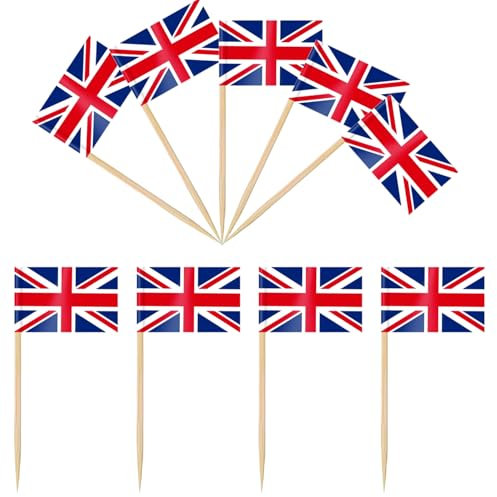 iLamvie 100 Stück Britain Zahnstocher Holz,Britain Flagge Cocktail Stick,Britain Party Spieße Fingerfood,Zahnstocher mit Britain Fähnchen für Cake Obst,Cocktail Party Pub Deko