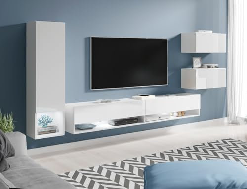MINIO go for it - Wohnwand 4-Teilig Set Amy, Wandschrank Hängend, Laminierte Spannplatte, Weiß matt/Weiß glänzend - mit LED Beleuchtung