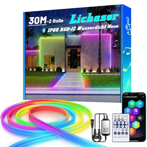 Lichaser 30M RGB+IC Flexible Neon LED Strip Outdoor, Bluetooth Aussenbereich IP68 Neon LED Streifen Sync mit Musik, 24V DIY LED Lichtband Außen Wasserdicht für Terrasse, Gartenbeleuchtung (15M*2)