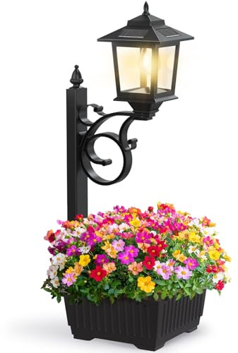 Joyoowild Solar Lamp Post Light with Planter, 2 in 1 Outdoor Flower Pots, Solar Post Lights Waterproof, Led Planters Pots, Outdoor Lamps for Patio, Front Porch Decor, Warm White, Replaceable Bulb