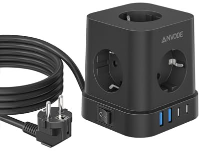 9 in 1 Steckdosenwürfel mit USB C, 5 Fach Mehrfachstecker Steckdose mit Schalter, Steckdosenleiste Überspannungsschutz mit 4 USB, Verteilersteckdose 2M für Zuhause (Schwarz)