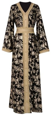 Amxleh Damen Muslimische Kleid V-Ausschnitt Blumen Stickerei Lang Abendkleid Elegant Kaftan Traditioneller Gebetskleidung Outfit Arabisch Gebetskleid Heißgeprägtes, Modisches, Langärmeliges Kleider