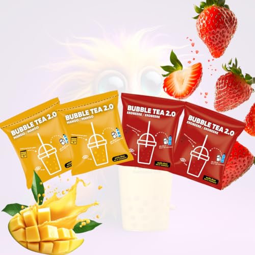 Bubble Tea 2.0 Mango & Fraise Bubble Tea - Instant Bubble Tea en sachet avec pailles, préparation facile, avec du lait ou de l'eau, parfait pour les déplacements, recyclable, goût intense
