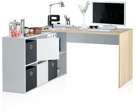 duehome | Escritorio Multiposición Reversible, Mesa Estudio, Mesa PC, Modelo Move, Acabado en Blanco Artik y Roble Canadian, Medidas: 136 cm (Largo) x 139 cm (Ancho) x 74 cm (Alto)