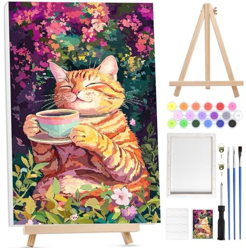 Bowetile Kit de peinture par numéros de chat pour adultes avec toile encadrée et chevalet en bois, kit de peinture par numéros pour adultes et débutants, peinture à pigments acryliques pour décoration