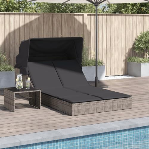 Festnight Doppel Sonnenliege 2 Personen mit Dach Garten Doppelliege Outdoor Liege Garten Rattan Gartenliege mit Sonnendach Rattanliege mit Auflagen Lounge Liege Outdoor Liegestuhl Sonnenbett