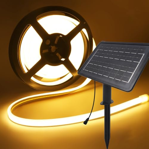 XUNATA Neon LED Flessibile COB 24V Solare/USB - Doppia Illuminazione (Fronte+Lato), IP67 Striscia LED per Interni/Esterni (Bianco caldo,3m)
