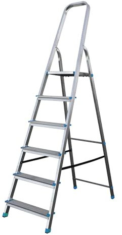 Bayersystem BS-DA6 150 Blue Trittleiter mit 6 Stufen, Aluleiter, bis 150 kg belastbar, max. Arbeitshöhe 3,21 m, Klapptrittleiter mit Handlauf, Anti-Rutsch-Füße, Klapptritt für Haushalt, Silber/Blau