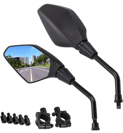 BRAMO Espejos Retrovisores Moto Homologados E24 Universales 2 Unidades | Kit de montaje M8/M10, abrazaderas 22 mm, ajuste 360°, amplia compatibilidad con motos y scooters, homologación E24