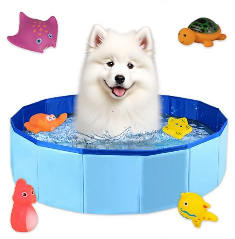 CHSEROK Piscine Chat, 50 × 10cm Piscine pour Chien,Pliable Piscines pour Chat, avec Jouets Aquatiques, Bleu Piscines pour Chien, Adapté pour Le Bain des Petits Chiens et Chats