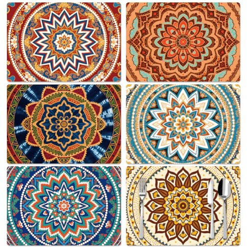 Peacoblue 6er Set Platzsets, Mandala- und Boho-Muster für Esstisch | Abwaschbare Vinyl Tischsets 30x43cm, Hitzebeständige Kunststoff Unterlagen für Küche, Esstisch und Landhaus Dekoration