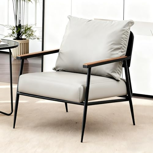 VTELGT Polstersessel, Kunstleder Sofa mit Massivholz Armlehnen, Loungesessel für Wohnzimmer mit Metallrahmen, Einzelsofa für Wohnzimmer, Empfangsraum, Heimkino, Schlafzimmer,Hellgrau