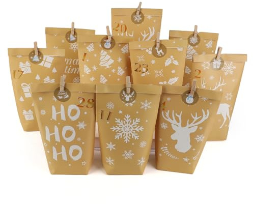 MHwan Tüten Adventskalender 2025 zum Befüllen, 24 Stück Niedliches weißes Bedruckte Papiertüten Adventskalender Groß, Geeignet für DIY Weihnachtsdekorationen und Geschenke, Wiederverwendbar