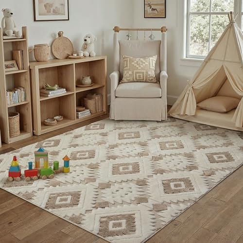 PureCozy Beige Braun Teppich Wohnzimmer 120x170cm Boho Schlafzimmer Waschbarer Groß Teppiche 3D Effekt Gegend Esszimmer Kinderzimmer Bettvorleger Flauschig Kurzflor Carpet
