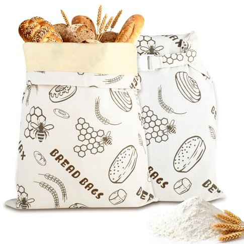 Sacs à pain réutilisables en cire d’abeille 44×33 cm - Revêtement naturel en cire d’abeille, Sacs de conservation en coton pour pain maison et produits de boulangerie (lot de 2)