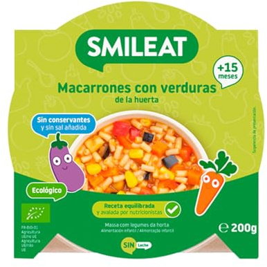 Smileat - Platito de Macarrones con Verduras de la Huerta – Ecológico, Sin Conservantes – Ideal para Peques +15 Meses – 200g