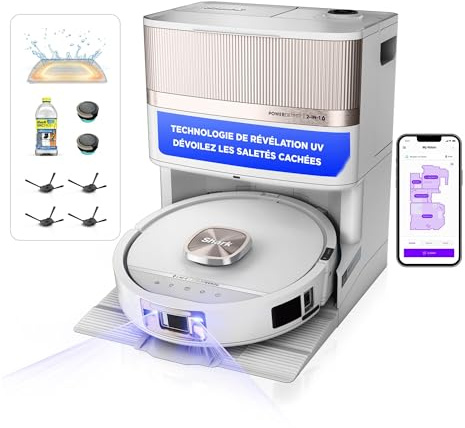 Shark PowerDetect UV Reveal Saug- & Wischroboter, Weiß AV3020XEEUWH | selbstentleerende Ladestation, Anti-Allergen-HEPA-Filtration, selbstreinigendes und -trocknendes Wischpad, StainDetect