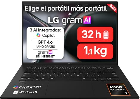 LG gram 14Z95U-G.AU88BN - Ordenador Portátil Ultraligero de 14 Ryzen AI 7 450, 3 GB RAM, 1 TB SSD, AMD Radeon Graphics, IPS Antirreflejo, 1120g, 32 h, Windows 11, Teclado ES, Negro carbón