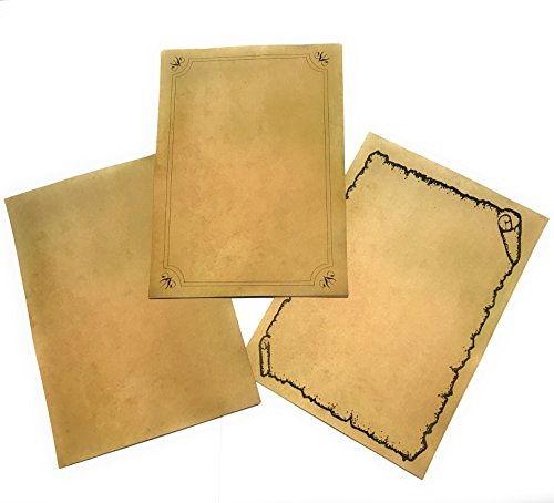 Blätter in Antik-Optik, für Urkunden, Pergament, Schatzkarten,... 30 Blatt, 3 Modelle x 10, A4-Format, Gewicht: 90 g, vergilbter Effekt auf Vorderseite und Rückseite