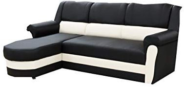 mb-moebel kleines Ecksofa Sofa Eckcouch Couch mit Schlaffunktion und Bettkasten Ottomane L-Form Schlafsofa Bettsofa Polstergarnitur Cannes (Schwarz + Weiß, Ecksofa Links)