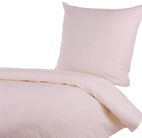 Hans-Textil-Shop Seersucker Hotelbettwäsche Baumwolle - Bettwäsche, Hotel, Pension, Unterkunft, Pflegeleicht, Bügelfrei, Kochfest, Mit Hotelverschluss (Creme, 135x200 + 80x80 cm)