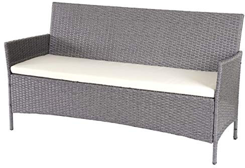 Mendler 3-Sitzer Poly-Rattan Gartenbank Halden, Sitzbank - grau, Kissen Creme
