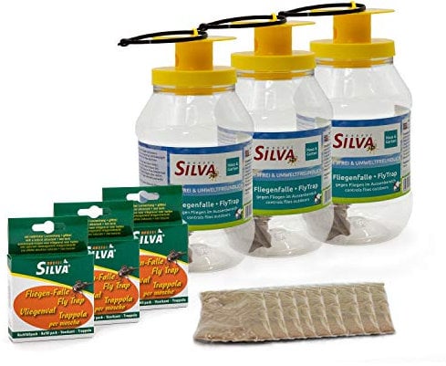 SILVA® 3X Fliegen Behälter + 9X Ersatzköder Fliegenfalle Lockstoff Set [NATÜRLICHER WIRKSTOFF] Fliegen Eimer Außenbereich Monitoring - Fliegenfalle Stall Koppel Garten Außen - Fliegenfänger Abwehr