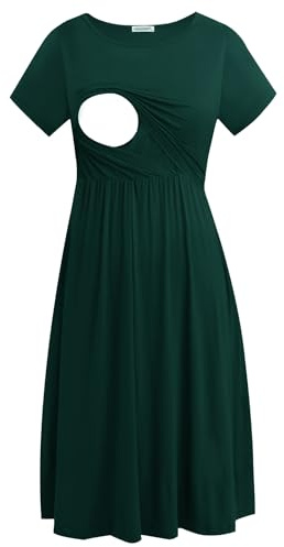 Smallshow Women's Short Sleeve Casual Maternity Nursing Dress for Breastfeeding Deep Green L