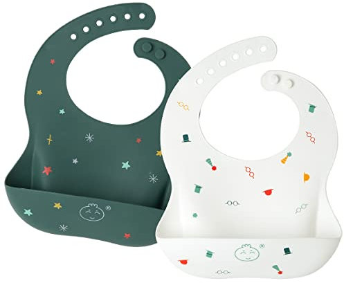 Lätzchen Baby 2 Stück, Baby Silikon Lätzchen mit Auffangschale BPA-Frei, Wasserdicht, Abwaschbar, Leicht zu Reinigen Baby Essen Set