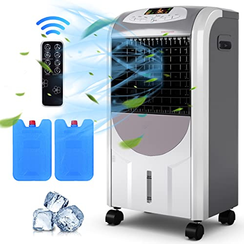 GOPLUS Rafraîchisseur d’Air Mobile 5 en 1 Fonction de Réfrigération, Chauffage, Humidification, Purification, Ventilation, Réservoir 7L, 80W, 3 Vitesses, Minuterie, Oscillation, Télécommande