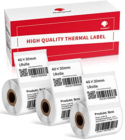 Phomemo M220 Thermoetikettenpapier für M220 M250 M221 M120 M150 M108 M110 M421 Etikettendrucker, Thermopapier für Barcode, Name, Preisschild Etikett 40x30mm,230 Etiketten/Rolle (3 Rolle)
