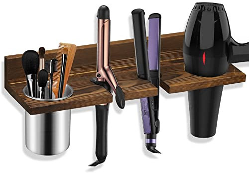 seashpea Hair Tool Organizer Wall Mounted - Wooden Dryer Holder, Blow Dryer Holder for Bathroom, Rustic Styling Tools Organizer for Flat Iron, Curling Wand, Hair Straighteners, Brushes, Brown