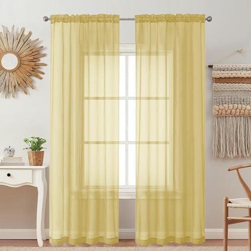 OVZME 2 Pack: Basic Mustard Yellow Sheer Curtain 84 Inches Long for Bedroom, Airy Light Filtering Voile Drapes for Living Room, Each 42W x 84L