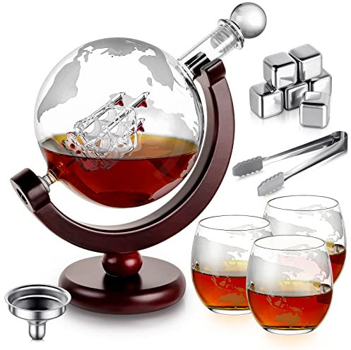 Whisky Karaffe,Whiskey Karaffe Globus,Whiskey Geschenke Für Männer Geburtstag,Wiskey Geschenke Männer,Whisky Geschenkset,Alkohol Geschenke Für Männer,Enthält 6 Whisky Steine, 3 Whisky Gläser