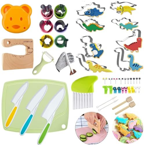 Couteaux en bois pour enfants pour la cuisine, couteaux sécurisés pour enfants, outils de cuisine Montessori pour enfants coupe (ensemble de 47 pièces comprenant des emporte-pièces de dinosaure)