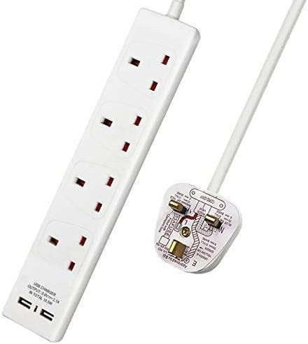 MantraRaj 4 Way Extension Lead with USB Slots 6 Gang Surge Protected Extension Trailing Lead Multi Plug USB Power Cable 2M Ideal for Gaming, Home Office & Garage UK Plug 2.4 V 2 USB Charging Sockets