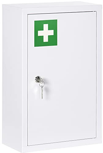 kleankin Armario Botiquín de Pared Armario de Medicinas de Acero Armario de Primeros con 2 Estantes de Almacenamiento y 2 Llaves para Baño 30x14x46 cm Blanco